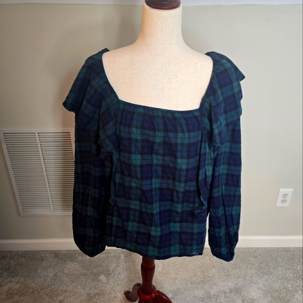 J Crew Plaid Women's Top - Blue and Green Size XL
